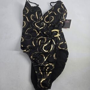 NEW Shape FX Swimsuit Black and Gold Swirl Swimsuit 10
